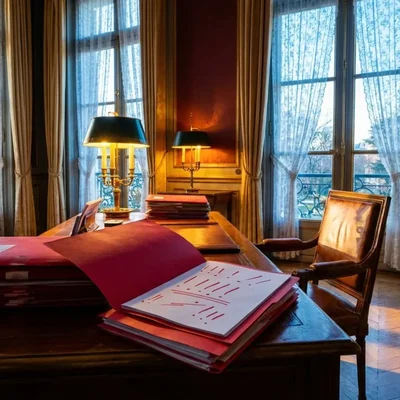 Bureau ministériel avec dossiers et documents, évoquant le travail budgétaire.