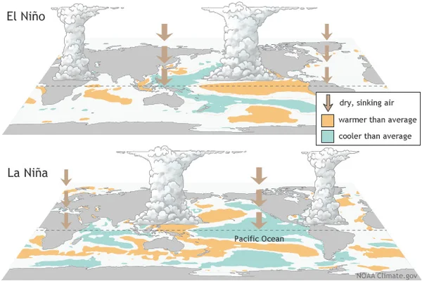 Infographie de NOAA Climate.gov expliquant El Niño et La Niña (oscillation australe).