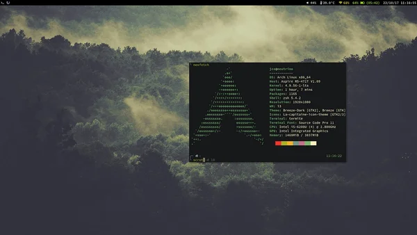 Bureau Arch Linux avec neofetch montrant les informations système.
