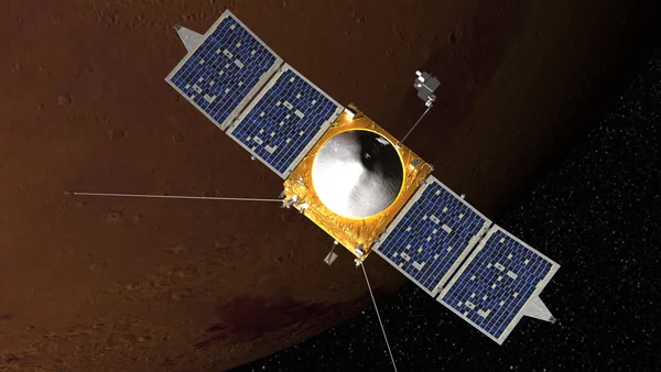 Concept artistique de la sonde MAVEN de la Nasa autour de Mars.