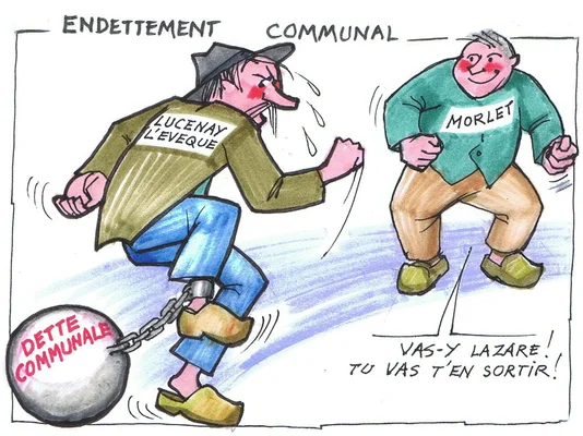Caricature illustrant la dette communale : Lucenay-l'Évêque enchaîné, Morlet encourageant.