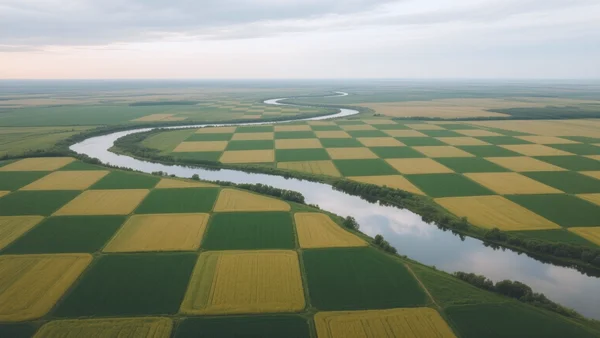 Vue aérienne d'une vaste plaine agricole du Manitoba avec des champs en damier, une rivière sinueuse et un ciel nuageux, fin de journée