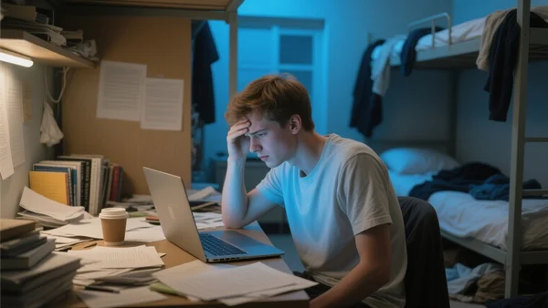 Jeune homme assis à un bureau, regardant un ordinateur portable, expression frustrée, lumière bleue de l'écran sur son visage, chambre étudiante en désordre