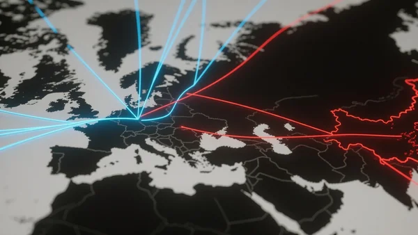 Carte de l'Europe en ombre chinoise avec des câbles lumineux bleus et rouges partant des États-Unis et de la Chine, fond sombre, vue plongeante