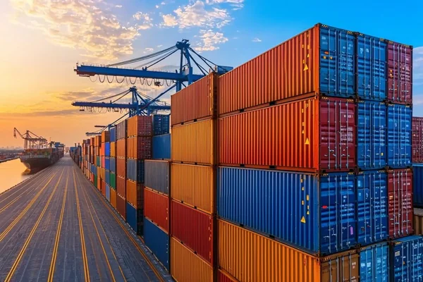 Port de fret au coucher du soleil avec des conteneurs et des grues.