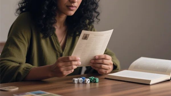 Close-up of a game master's hands holding a single-page character sheet and a handful of dice on a wooden table, with a rulebook visibly thin and open beside them. The scene conveys simplicity and accessibility, inviting the viewer to start playing without intimidation.