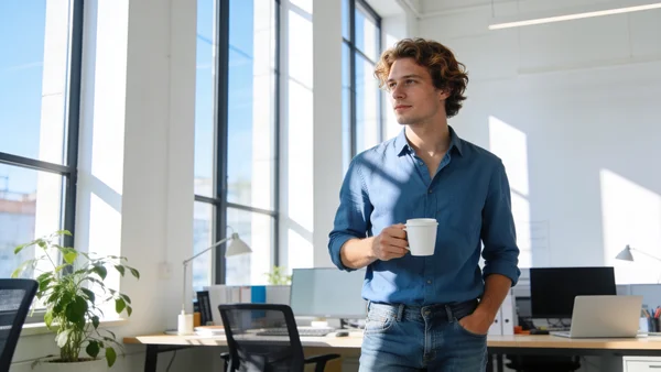 Jeune employé en jean et chemise décontractée, tenant une tasse de café, dans un open space lumineux, lumière naturelle