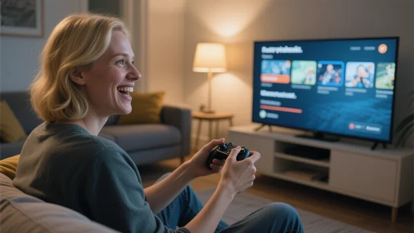 Gros plan sur une personne dans un salon, manette de jeu à la main, souriant devant un téléviseur affichant un menu de jeu vidéo en français, avec un canapé et une lampe tamisée en arrière-plan, ambiance détendue et excitée.