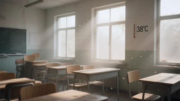 Salle de classe vide avec des chaises sur les tables, lumière du soleil entrant par les fenêtres, thermomètre mural affichant 38°C, atmosphère étouffante et abandonnée