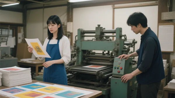 Deux artistes debout devant une presse offset dans une imprimerie à Kyoto, des feuilles fraîchement imprimées s'accumulent, lumière industrielle et chaude