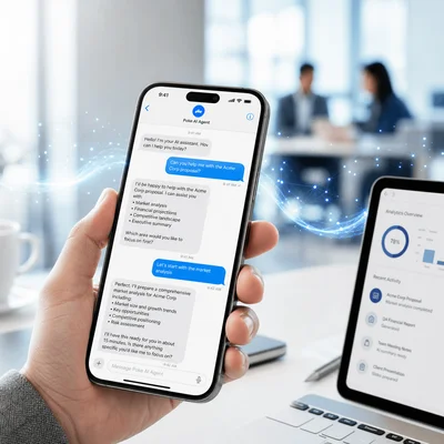 Smartphone présentant l'interface de chat de l'agent IA Poke, avec un ordinateur portable et un bureau en arrière-plan.