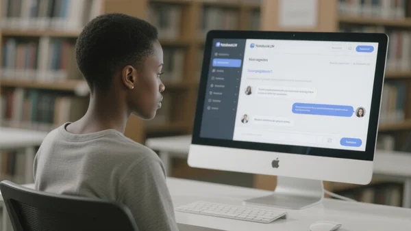 Écran d'ordinateur montrant l'interface de NotebookLM avec une conversation et des suggestions de sources, un étudiant assis devant, bibliothèque floue en arrière-plan