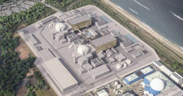 Visualisation conceptuelle d'une centrale nucléaire côtière, future installation équipée de turbines Arabelle Solutions.