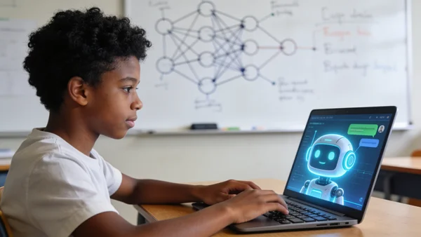 Adolescent assis à un bureau devant un ordinateur portable, écran affichant une interface de chatbot IA, tableau blanc avec schémas de neurones artificiels au fond, salle de classe lumineuse