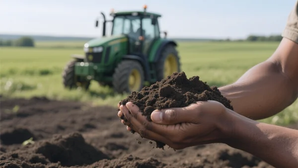 Gros plan de mains tenant une poignée de terre agricole brune et fertile, avec un tracteur flou en arrière-plan dans un champ