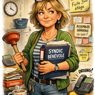 Illustration représentant les difficultés des syndics bénévoles, avec une femme tenant une ventouse et un classeur « SYNDIC BÉNÉVOLE », dans un décor de désordre et de bruit.
