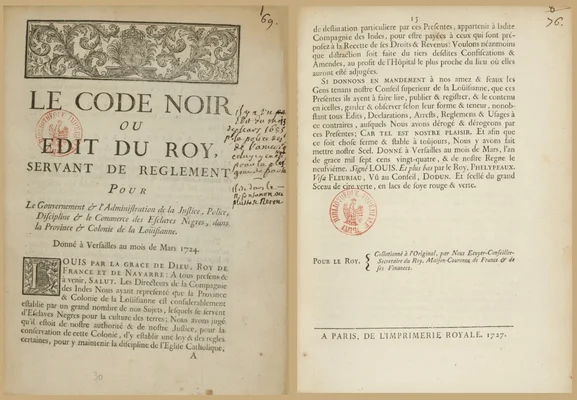 Le Code Noir de 1724, édit de Louis XV réglementant l'esclavage dans les colonies françaises.