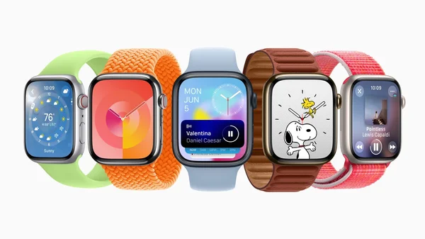 Apple Watch Series 9 avec différents bracelets et cadrans.