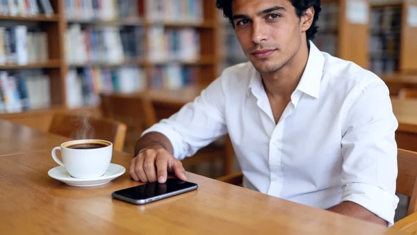 Main posant un smartphone sur une table en bois à côté d'une tasse de café, fond flou de bibliothèque, composition épurée et minimaliste