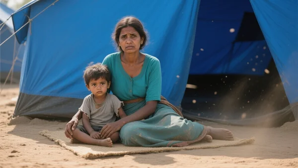 Famille rohingya assise sur une natte dans un camp de tentes bleues et bâches, enfants aux vêtements usés, poussière et chaleur, regard fatigué vers l'objectif