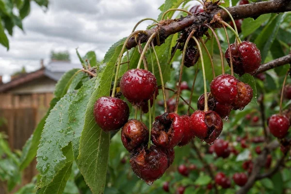 Cerises abîmées par la pluie et la moniliose, un fléau redouté des arboriculteurs.