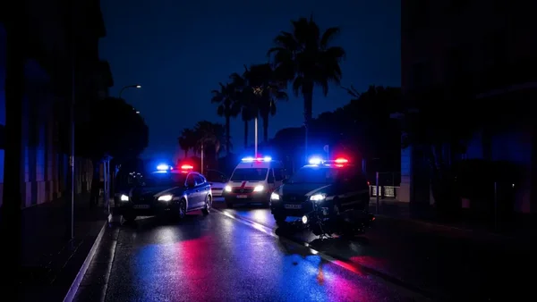 Secours déployés sur une rue humide à Nice après un accident mortel de deux-roues.