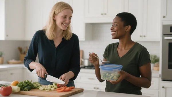 Deux personnes souriant dans une cuisine en colocation, l'une coupant des légumes sur une planche, l'autre remplissant un Tupperware, ambiance chaleureuse et décontractée