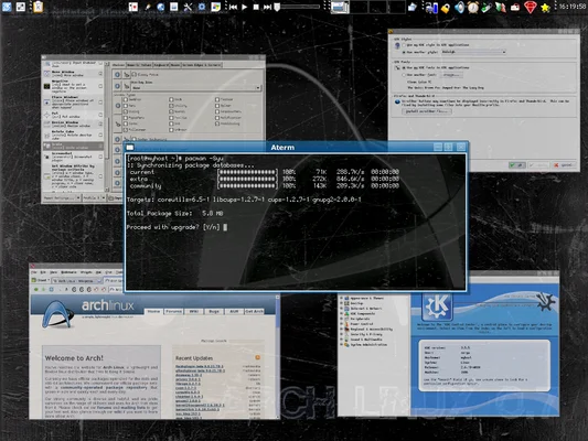 Bureau Arch Linux avec KDE, affichant une mise à jour de paquets en cours.