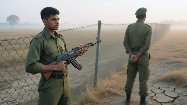 Gardes-frontières bangladais en uniforme vert surveillant une barrière grillagée à l'aube, champ de terre battue et végétation clairsemée, lumière matinale tamisée