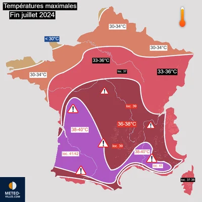 Prévisions de températures maximales en France pour la fin juillet 2024.