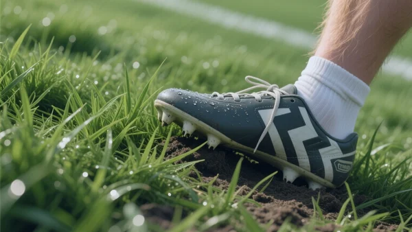Gros plan sur les crampons d'un joueur de football plantés dans une pelouse impeccable, herbe dense et humide, lumière du jour, angle au ras du sol