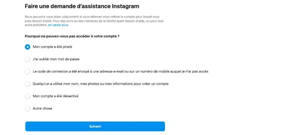 Formulaire d'aide Instagram pour un compte piraté, en français.