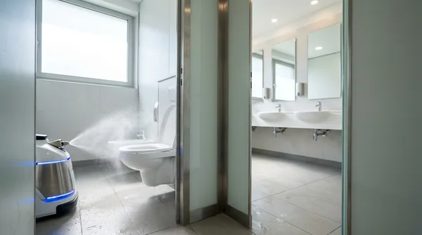 Robot pulvérisant un désinfectant dans des toilettes publiques.