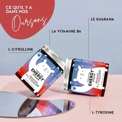 Suppléments 'Wake Up Call Energy' en gommes, avec mise en avant des ingrédients.