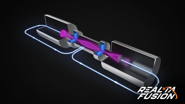 Représentation 3D de l'intérieur du réacteur à fusion de Realta Fusion, montrant le plasma et les bobines magnétiques.