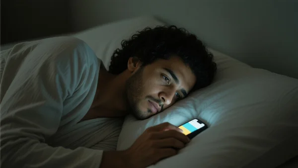 Personne seule dans son lit la nuit, regardant son téléphone dont l'écran éclaire son visage, chambre plongée dans la pénombre, ambiance mélancolique