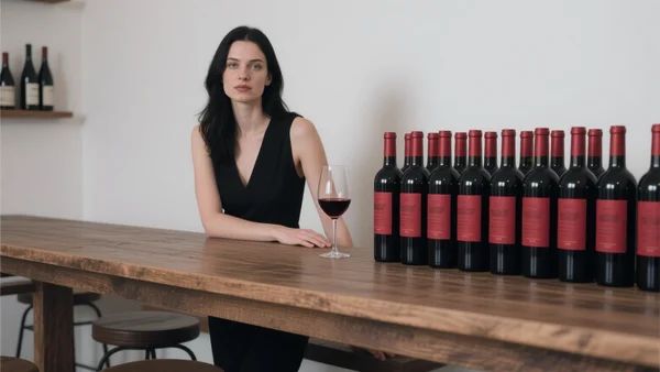 Rangée de bouteilles de bordeaux rouge posées sur une table de dégustation en bois, un verre de vin rouge à côté, dans un salon des vins