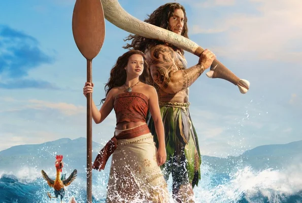 Affiche promotionnelle de Vaiana en live-action avec Auliʻi Cravalho et Dwayne Johnson.