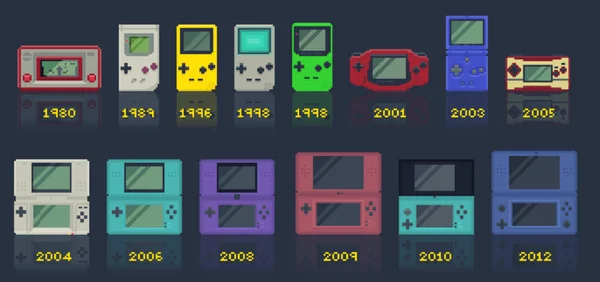 Évolution des consoles portables Nintendo de 1980 à 2012 en pixel art.