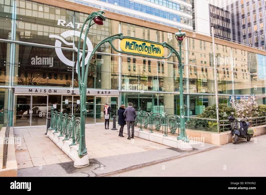 Entrée de métro Art nouveau devant le siège de la RATP, Paris.