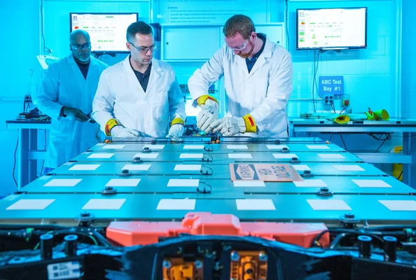 Des ingénieurs de GM assemblant une batterie sans fil en laboratoire.