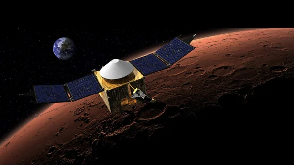 Représentation d'un satellite en orbite autour de Mars avec la Terre en arrière-plan.
