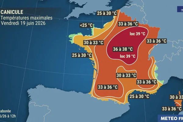 Carte des vigilances canicule de Météo France : 53 départements en orange pour le vendredi 19 juin 2026.