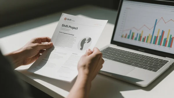 Mains feuilletant un rapport imprimé du Shift Project sur l'empreinte carbone du streaming, avec un ordinateur portable affichant des graphiques à côté