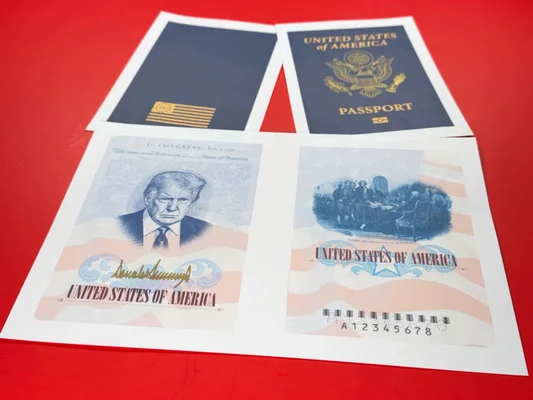 Document imprimé présentant le nouveau passeport américain avec le portrait de Donald Trump.
