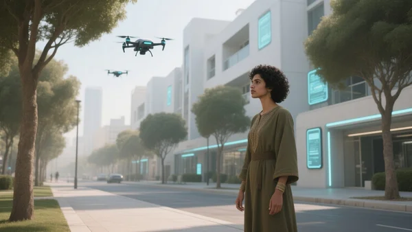 Vue d'un quartier urbain en 2036 : une personne marche dans une rue bordée d'arbres, des panneaux numériques discrets sur les façades, des drones de livraison passent en arrière-plan, l'ambiance est calme et futuriste mais humaine.