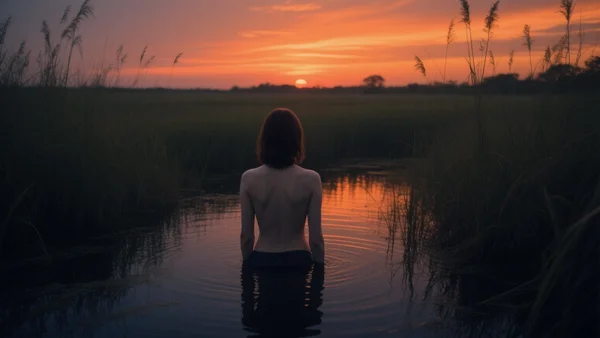Marais des Everglades au coucher du soleil, eau sombre et herbes hautes, ciel orange, aucun bâtiment visible, isolement total