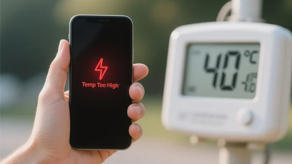 Gros plan d'une main tenant un smartphone dont l'écran affiche un avertissement de surchauffe, avec un thermomètre extérieur indiquant 40°C en arrière-plan flou. L'intention est de montrer le danger immédiat de la chaleur sur l'appareil, ton alarmant.