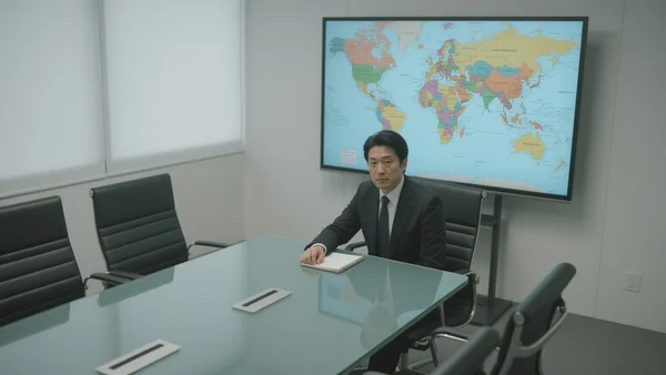 Vue plongeante sur une salle de réunion moderne à Tokyo, avec des dirigeants japonais en costume autour d'une table, une grande carte du monde projetée sur un écran derrière eux, ambiance sérieuse et déterminée.