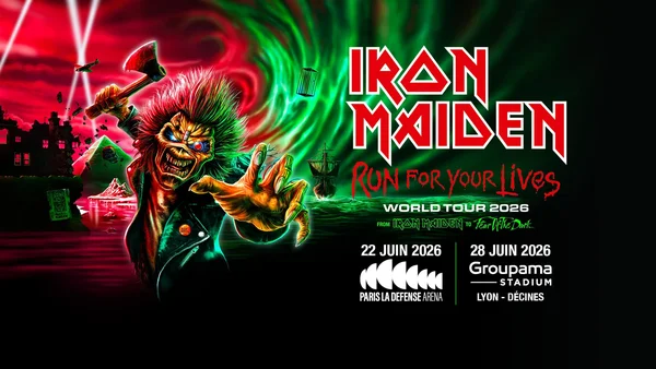 Affiche promotionnelle de la tournée 'Run For Your Lives' 2026 d'Iron Maiden, avec Eddie en vedette.